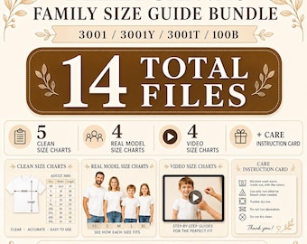 Bella Canvas 3001 Size Chart , BC 3001 3001Y 3001T 100B Adult Youth Toddler Baby Size Guide, Inches CM Size Chart, Family Shirt Size Chart