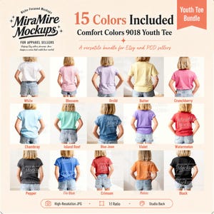 May include: A digital product display featuring 15 Comfort Colors 9018 youth t-shirts in various colors, shown from the back on children wearing denim shorts. The text reads MiraMire Mockups, 15 Colors Included, Comfort Colors 9018 Youth Tee.