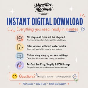 Puede incluir: Un gr&aacute;fico de informaci&oacute;n de producto digital con el texto MiraMire Mockups, Instant Digital Download y Everything you need, ready in minutes. Enumera cuatro puntos sobre archivos digitales, sin env&iacute;o f&iacute;sico y una secci&oacute;n de contacto para preguntas.
