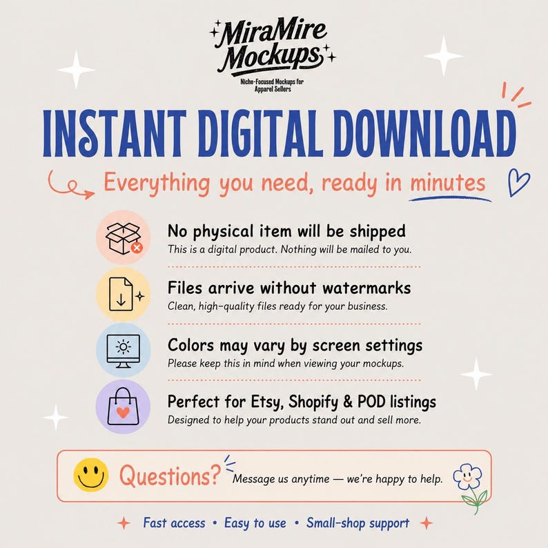 Puede incluir: Un gr&aacute;fico de informaci&oacute;n de producto digital con el texto MiraMire Mockups, Instant Digital Download y Everything you need, ready in minutes. Enumera cuatro puntos sobre archivos digitales, sin env&iacute;o f&iacute;sico y una secci&oacute;n de contacto para preguntas.