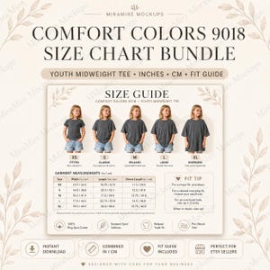 May include: A Comfort Colors 9018 youth midweight tee size chart bundle featuring a visual guide with five children wearing charcoal gray t-shirts in sizes XS to XL. Includes a detailed garment measurement table in inches and centimeters.