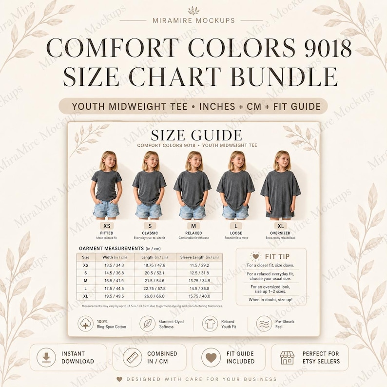 May include: A Comfort Colors 9018 youth midweight tee size chart bundle featuring a visual guide with five children wearing charcoal gray t-shirts in sizes XS to XL. Includes a detailed garment measurement table in inches and centimeters.