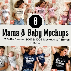 May include: A mockup featuring a variety of t-shirts and onesies with the text "MiraMire Mockups" in multiple colors. The image includes a mother and baby wearing the apparel. The text "Mama & Baby Mockups" is also visible.