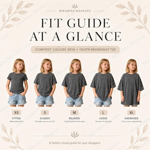 May include: A fit guide chart for Comfort Colors 9018 youth midweight t-shirts. The graphic displays five variations of the same dark gray t-shirt and blue denim shorts, labeled XS to XL, showing fitted, classic, relaxed, loose, and oversized fits.