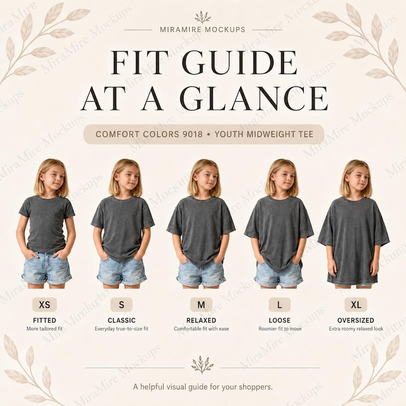 May include: A fit guide chart for Comfort Colors 9018 youth midweight t-shirts. The graphic displays five variations of the same dark gray t-shirt and blue denim shorts, labeled XS to XL, showing fitted, classic, relaxed, loose, and oversized fits.