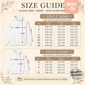 Gildan 18500 and 18500B Size Chart, Family Hoodie Size Chart, 18500B Youth Hoodie Size Chart, Kids Adult Hoodie Size Guide CM Inch