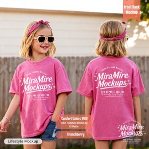 May include: A front and back view of a young person wearing a pink t-shirt with the text "MiraMire Mockups" in white. The shirt is paired with denim shorts and a pink headband. The image is a lifestyle mockup.