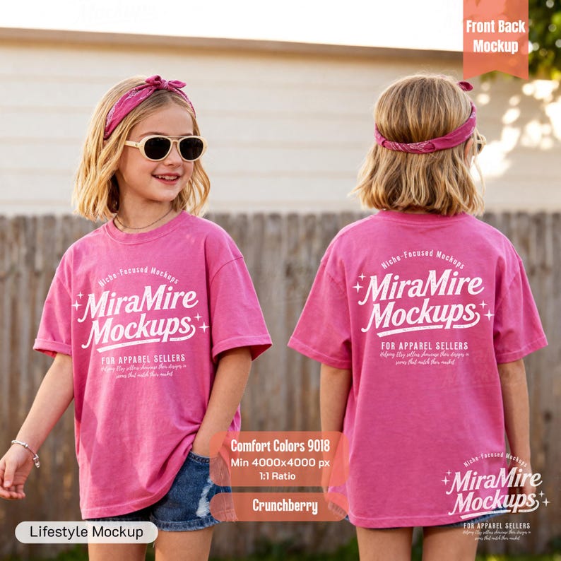 May include: A front and back view of a young person wearing a pink t-shirt with the text "MiraMire Mockups" in white. The shirt is paired with denim shorts and a pink headband. The image is a lifestyle mockup.