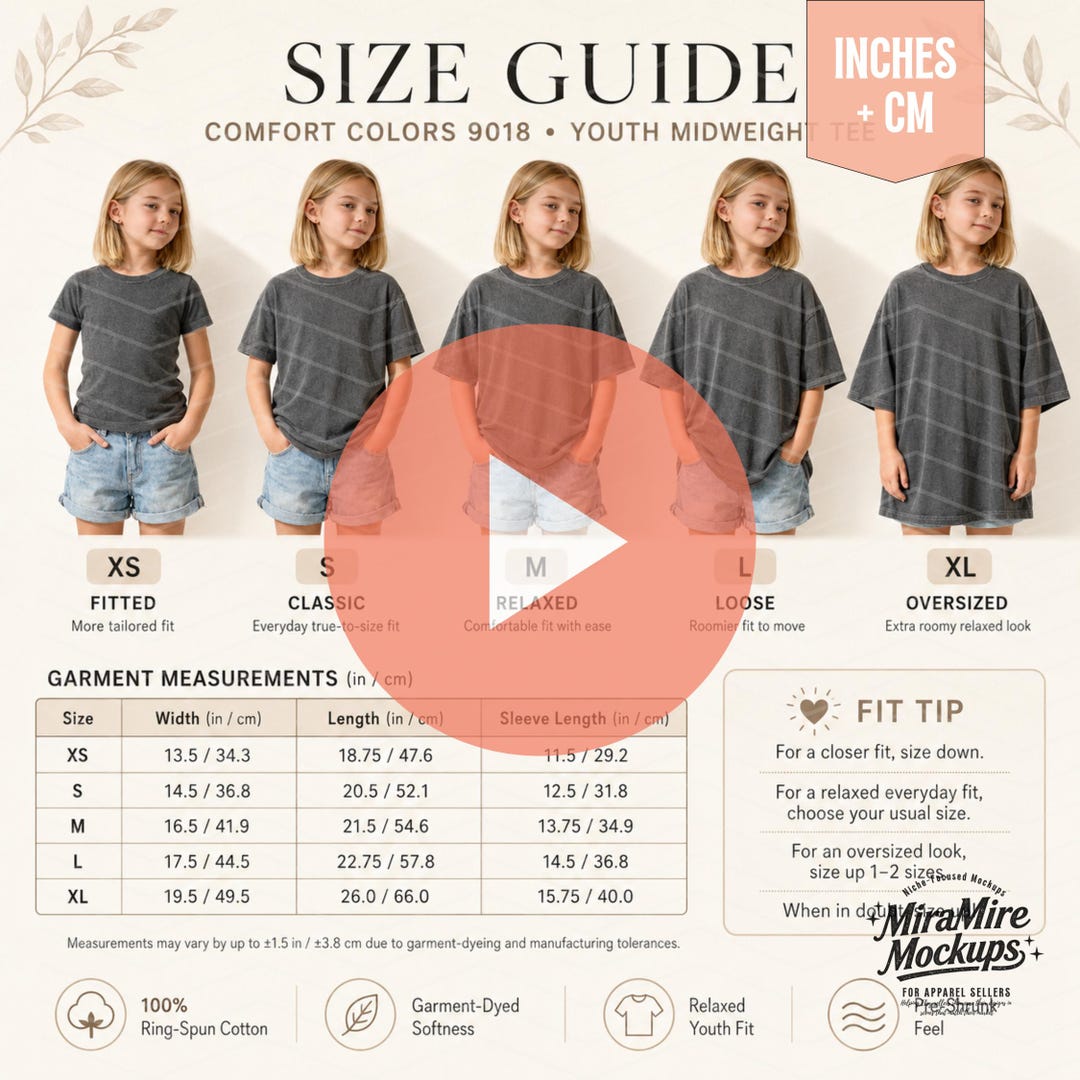 Editable Comfort Colors 9018 Youth Tee Size Guide Bundle, Canva Template Static + Video Si