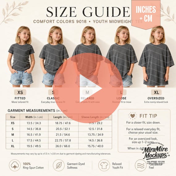 Editable Comfort Colors 9018 Youth Tee Size Guide Bundle, Canva Template Static + Video Size Chart, Kids Shirt Sizing Chart, POD Seller Tool