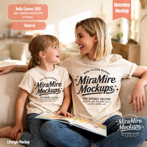 Puede incluir: Una madre y un niño visten camisetas beige a juego con el texto "MiraMire Mockups" en negro. Las camisetas forman parte de una maqueta de estilo de vida, con el texto "For Apparel Sellers" debajo del logotipo. La imagen incluye el texto "Bella Canvas 3001" y "Natural".