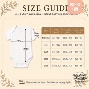 May include: A size guide for a Rabbit Skins 4400 infant baby rib bodysuit. The image displays a white short-sleeve bodysuit with arrows indicating width, length, and sleeve length, alongside a table listing measurements in inches and centimeters.