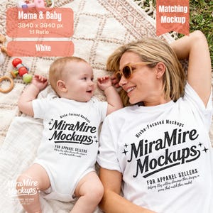 May include: A mother and baby wearing white t-shirts and a onesie with the text "MiraMire Mockups" in black. The baby is lying on a blanket next to the mother. The image is a mockup for apparel sellers.