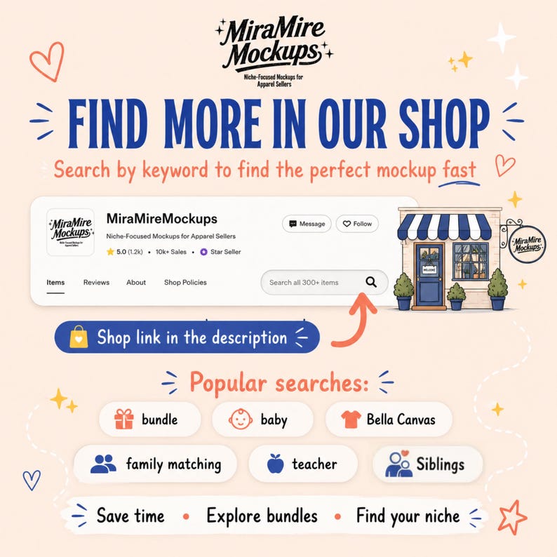 Puede incluir: Un gr&aacute;fico digital que muestra la interfaz de la tienda MiraMire Mockups con una barra de b&uacute;squeda, un icono de tienda y textos como Find More In Our Shop, Shop link in the description y Popular searches con categor&iacute;as como bundle, baby y teacher.