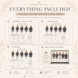 May include: A Comfort Colors 9018 size chart bundle featuring four distinct sections: a combined inches and cm chart, an inches-only chart, a cm-only chart, and a bonus video size guide. Each section displays garment measurements and fit tips.