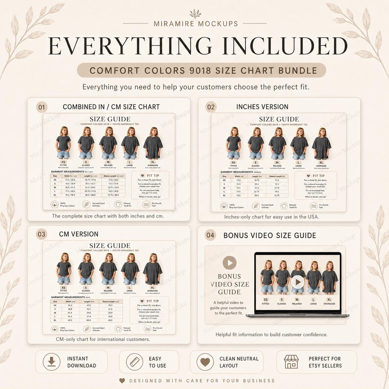 May include: A Comfort Colors 9018 size chart bundle featuring four distinct sections: a combined inches and cm chart, an inches-only chart, a cm-only chart, and a bonus video size guide. Each section displays garment measurements and fit tips.