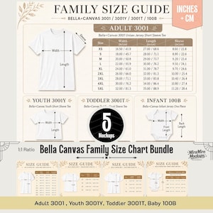 May include: A Bella+Canvas family size guide chart bundle featuring diagrams for adult, youth, toddler, and infant apparel. The chart displays width, length, and sleeve measurements in inches and centimeters for models 3001, 3001Y, 3001T, and 100B.