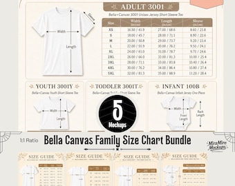 Bella Canvas Size Chart Bundle , BC 3001 3001Y 3001T 100B Adult Youth Toddler Baby Size Guide, Inches CM Size Chart, Family Shirt Size Chart