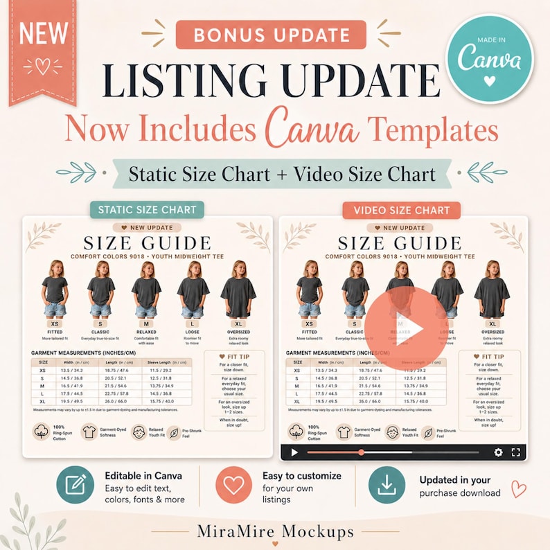 May include: A digital graphic displaying a size guide for Comfort Colors 9018 youth midweight tees, featuring static and video chart options. It includes tables with measurements in inches and centimeters, fit tips, and Canva template branding.