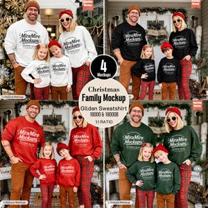 May include: A collection of four family photos featuring adults and children wearing matching sweatshirts with the text MiraMire Mockups. The sweatshirts are white, black, red, and green, paired with plaid pants and beanies.