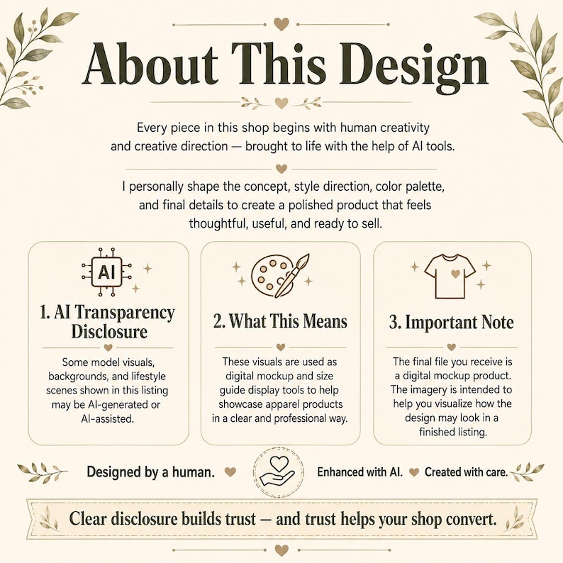 May include: An informational graphic titled About This Design with dark brown text on a cream background. It outlines AI transparency, explains the use of digital mockups, and includes a note about digital files, framed by leaf illustrations.