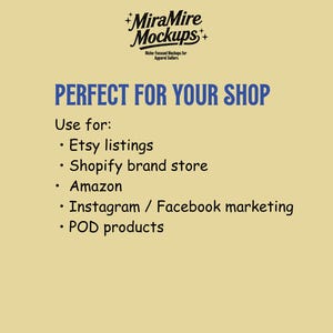 May include: A tan background with the text "PERFECT FOR YOUR SHOP" in blue. Below, a list includes Etsy listings, Shopify brand store, Amazon, Instagram/Facebook marketing, and POD products.