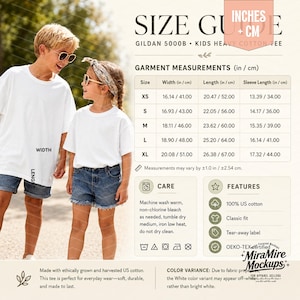 May include: A size guide for a Gildan 5000B kids heavy cotton tee, featuring a table with width, length, and sleeve measurements in inches and centimeters, care instructions, product features, and a photo of two children wearing white t-shirts.