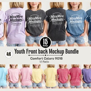 May include: A digital bundle of youth t-shirt mockups featuring various colors including lavender, charcoal, and blue. The shirts display the text MiraMire Mockups for apparel sellers. The collection includes front and back views of Comfort Colors 9018.