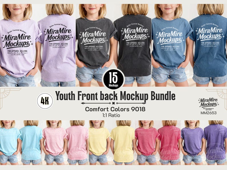 May include: A digital bundle of youth t-shirt mockups featuring various colors including lavender, charcoal, and blue. The shirts display the text MiraMire Mockups for apparel sellers. The collection includes front and back views of Comfort Colors 9018.