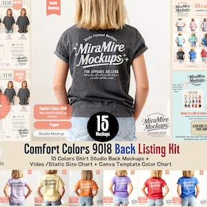 May include: A charcoal gray t-shirt featuring the white text MiraMire Mockups for Apparel Sellers on the back. The kit includes a size guide, a color chart with 15 options, and a Canva template link for youth apparel sellers to display designs.