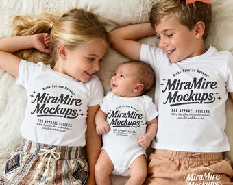 3 Kids Matching Shirt Mockup, White Bella Canvas 3001T 100B , Siblings Shirt Mockup, Sister Brother Baby Mockup,  Family Matching Mockup