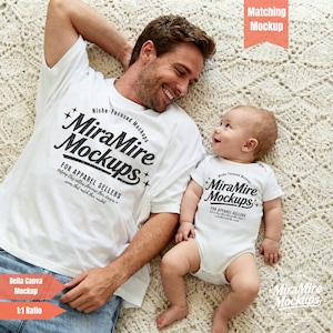 May include: A white t-shirt and onesie set with the text "MiraMire Mockups" in black. The t-shirt is worn by an adult, and the onesie is worn by a baby. The text "FOR APPAREL SELLERS" is also visible.