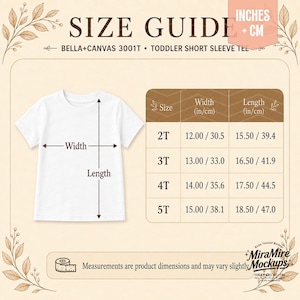 Puede incluir: Una gu&iacute;a de tallas para camiseta de manga corta para ni&ntilde;os peque&ntilde;os Bella+Canvas 3001T. La tabla muestra medidas de ancho y largo en pulgadas y cent&iacute;metros para las tallas 2T, 3T, 4T y 5T, con flechas indicando d&oacute;nde medir en la camiseta.