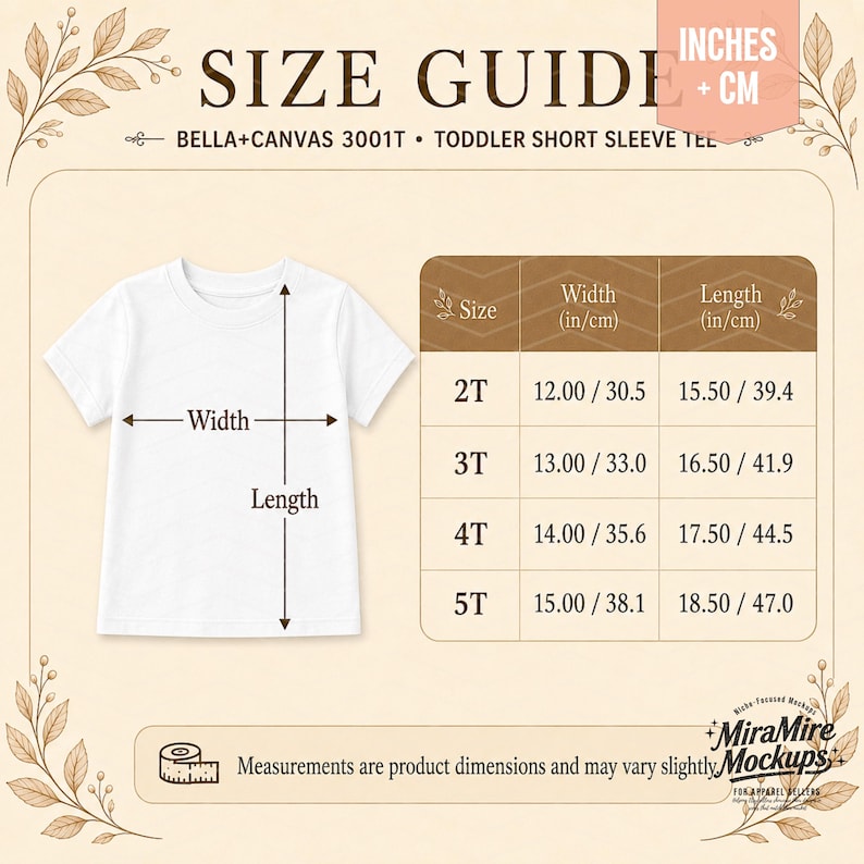 Puede incluir: Una gu&iacute;a de tallas para camiseta de manga corta para ni&ntilde;os peque&ntilde;os Bella+Canvas 3001T. La tabla muestra medidas de ancho y largo en pulgadas y cent&iacute;metros para las tallas 2T, 3T, 4T y 5T, con flechas indicando d&oacute;nde medir en la camiseta.
