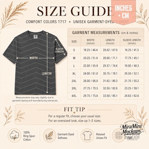 以下が含まれることがあります： Comfort Colors 1717ユニセックスガーメントダイTシャツのサイズガイド。画像には、シェブロン柄のダークグレーのTシャツと、インチおよびセンチメートル単位の幅、着丈、袖丈の測定値が記載された表が表示されています。