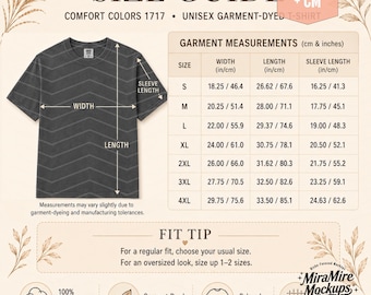 Clean Boho Comfort Colors 1717 Size Chart , Adult Tee Size Guide, Inches CM Size Chart, Family Shirt Size Chart