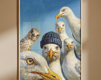 Cheeky Seagull Gang Poster | Nautical Wall Art in Oil Painting Style | Fun Coastal Decor | Bathroom Picture | Bird Portrait