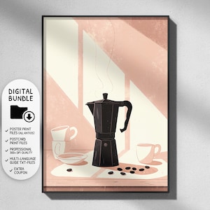 Könnte beinhalten: Ein digitaler Kunstdruck mit einer schwarzen Mokkakanne, die mittig auf einem Tisch mit Kaffeebohnen, einer kleinen Schale und zwei Tassen steht. Der Hintergrund zeigt sanfte Rosa- und Cremetöne mit geometrischen Lichtmustern und Dampf.