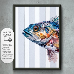 Può includere: Una stampa artistica incorniciata raffigurante un'illustrazione di pesce in stile collage. Il pesce presenta colori blu, arancioni e rossi. Lo sfondo ha strisce verticali bianche e grigie. La stampa è etichettata "DIGITAL BUNDLE".