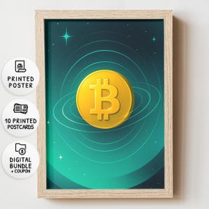 Bitcoin Universum – Poster und Postkarten | Crypto Art Planet | Finanz Deko Grün Gold | Kosmisches Design | Print & Download Set //a74