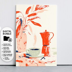 Könnte beinhalten: Ein digitaler Kunstdruck mit einer hellrosa Vase mit orangefarbenem Blattwerk, einer dampfenden Kaffeetasse auf einer Untertasse und einer leuchtend orangefarbenen Mokkakanne. Der Text links lautet DIGITAL BUNDLE, POSTER PRINT FILES, POSTCARD PRINT FILES.