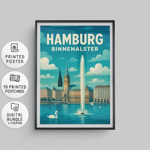 Alster interior de Hamburgo – Pósteres y postales | Fuente del Alster y Ayuntamiento | Póster de viaje vintage | Decoración marítima | Set de impresión y descarga //a09