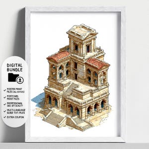 Architecture ancienne à télécharger en version numérique | Coffret XXL : Affiche, carte, guide, bonus | Style BD | Bâtiment isométrique | Art historique
