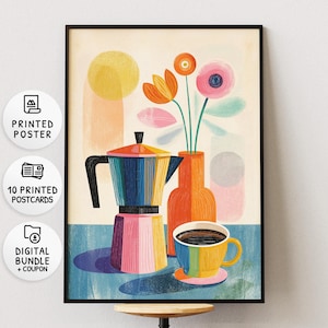 Plakaty i pocztówki z kawą w stylu retro | Kolorowy ekspres do kawy | Sztuka ścienna do kuchni w stylu mid-century z kwiatami | Zestaw do druku i pobrania //a68