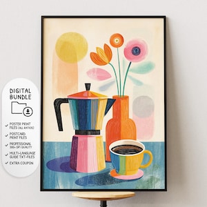 Puede incluir: Una impresión artística enmarcada con un bodegón colorido. Se representa una cafetera a rayas arcoíris, una taza de café y un jarrón con flores. La obra de arte tiene un estilo retro. La imagen incluye un icono de paquete digital.