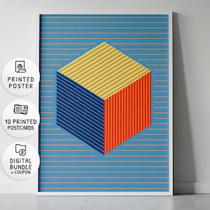 Cubo geometrico – Poster e cartoline | Astratto Bauhaus | Op Art blu arancione | Design moderno | Set stampa e download //a53