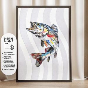 Könnte beinhalten: Ein gerahmter Kunstdruck mit einer farbenfrohen, abstrakten Darstellung eines aufspringenden Fisches. Das Kunstwerk verwendet einen Collage-Stil mit verschiedenen Farben und Texturen. Der Hintergrund hat ein grau-weißes Streifenmuster. Der Text "DIGITAL BUNDLE" ist enthalten.