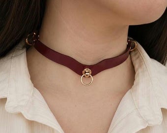 Collana da giorno in pelle con piccolo anello a O, girocollo in pelle