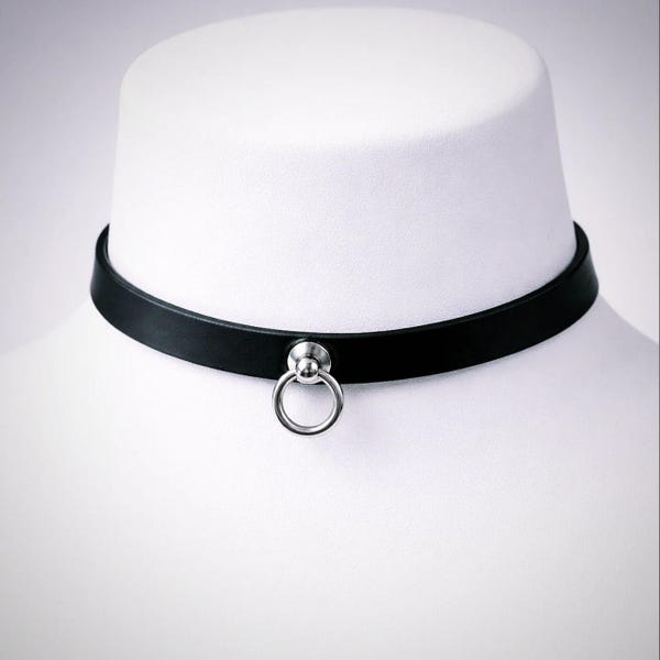 Black Leather Choker Necklace, Discreet Day Collar