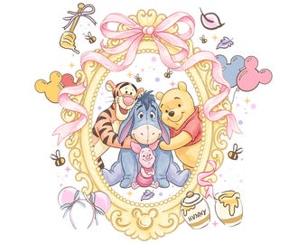 Coquette Bow Winnie the Pooh & Friends Png, Retro Watercolor Pooh Bear Piglet Eeyore Png, Disney World Girls Trip Png
